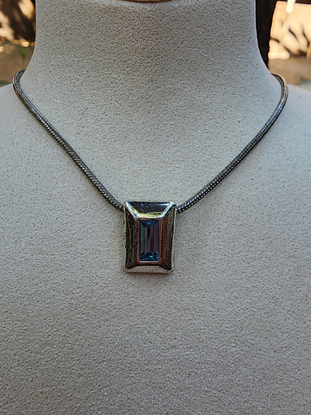 Vintage Premier Designs Silvertone Blue Rhinestone Pendant Necklace